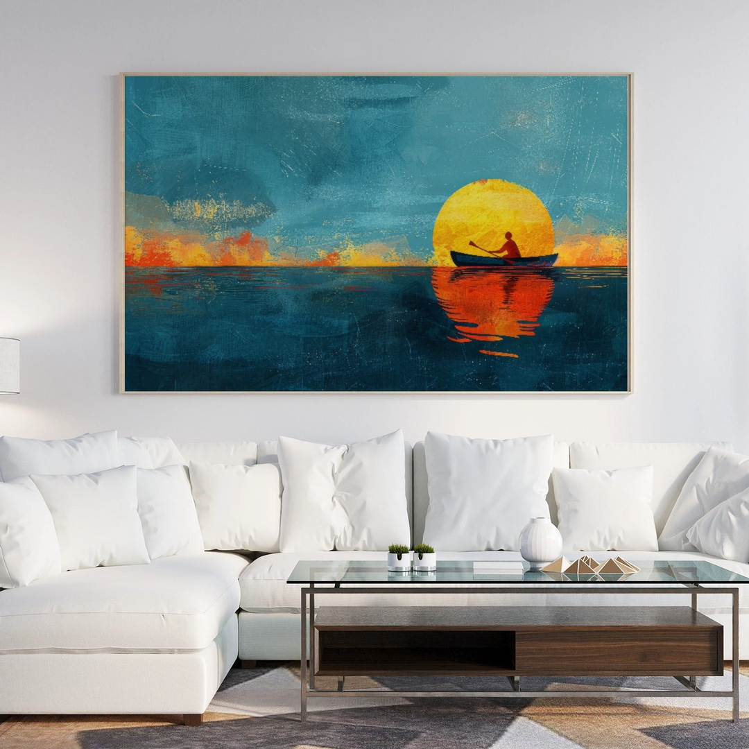 Panoramic painting of a boat on the sea with a bright sunset reflection