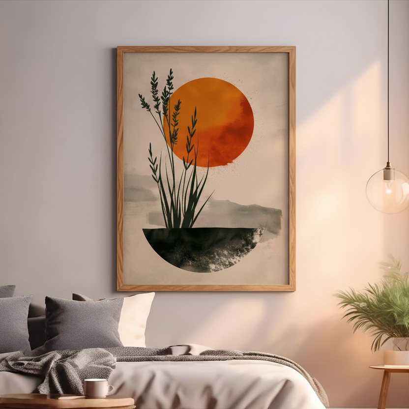 Minimalist artwork of plants with a large orange sun and soft neutral background