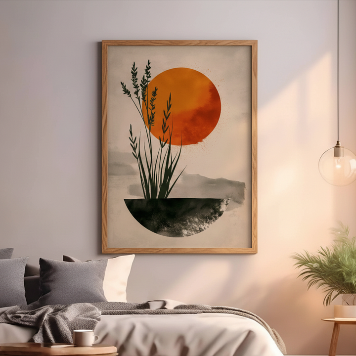 Minimalist artwork of plants with a large orange sun and soft neutral background