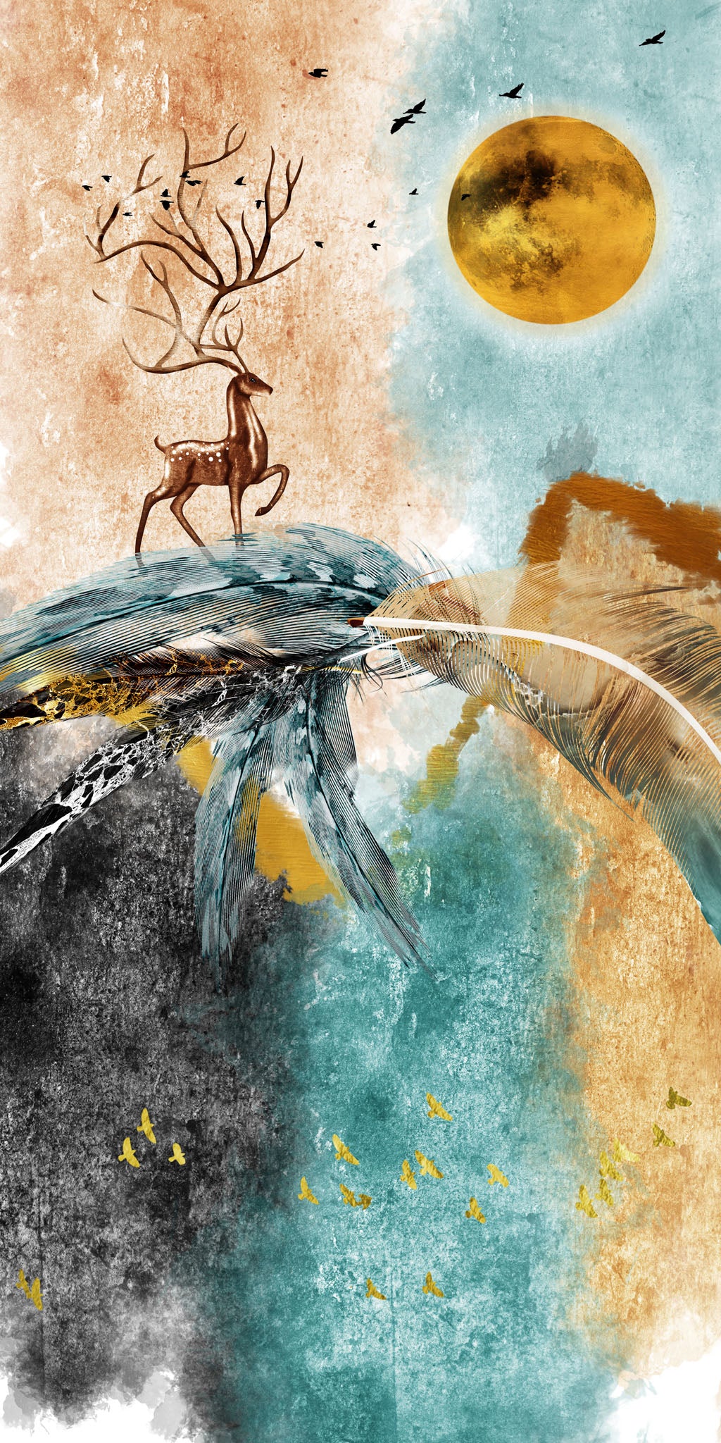 Wadi Home abstract wall art with a deer on a mountain peak, featuring teal, gold, and earthy tones.