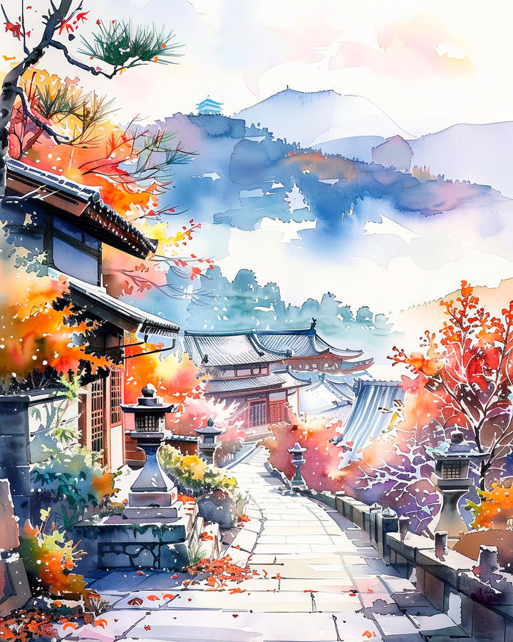 Wadi Home Japanese village watercolor landscape art with autumn trees and traditional architecture.
