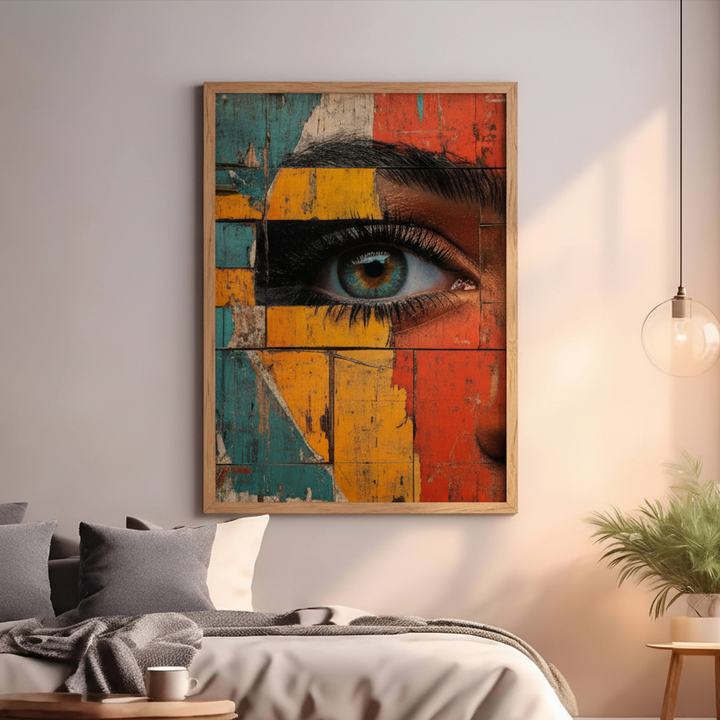 Abstract eye portrait with colorful geometric textured background