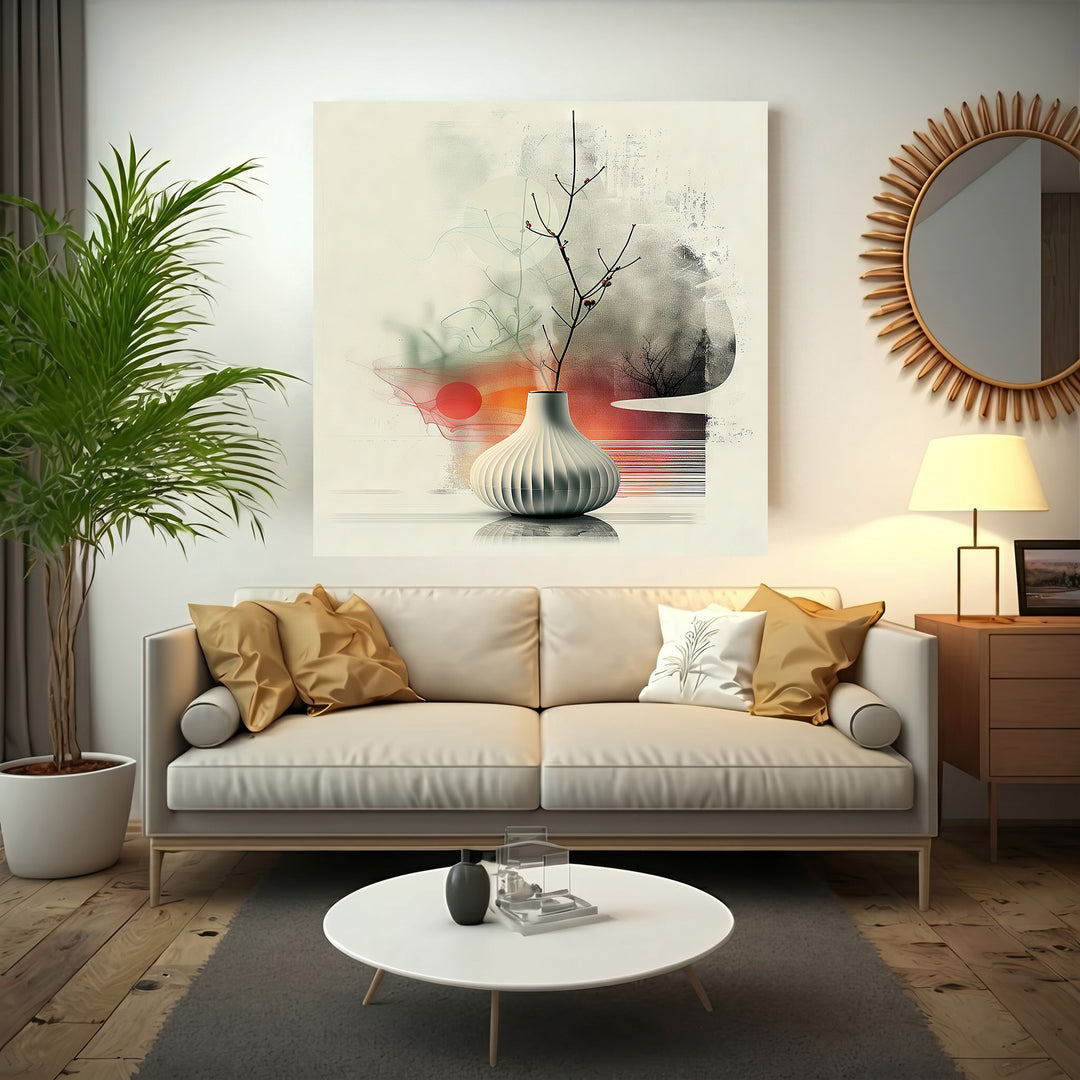 Wadi Home abstract botanical still life wall art featuring a minimalist vase with branches, muted tones, orange and green accents.