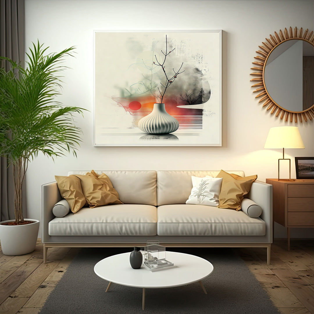 Wadi Home abstract botanical still life wall art with minimalist vase and branches, muted tones, oranges, and greens.