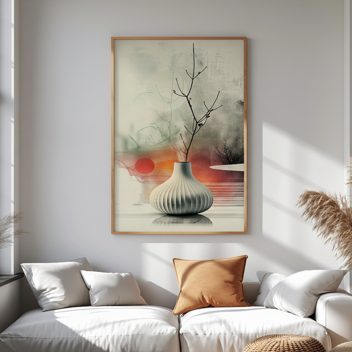 Minimalist art of a vase with branches and soft abstract background in neutral tones