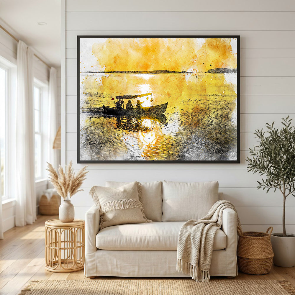 Wadi Home sunset boat ride watercolor wall art with vibrant yellow and orange hues, evoking a serene coastal evening.