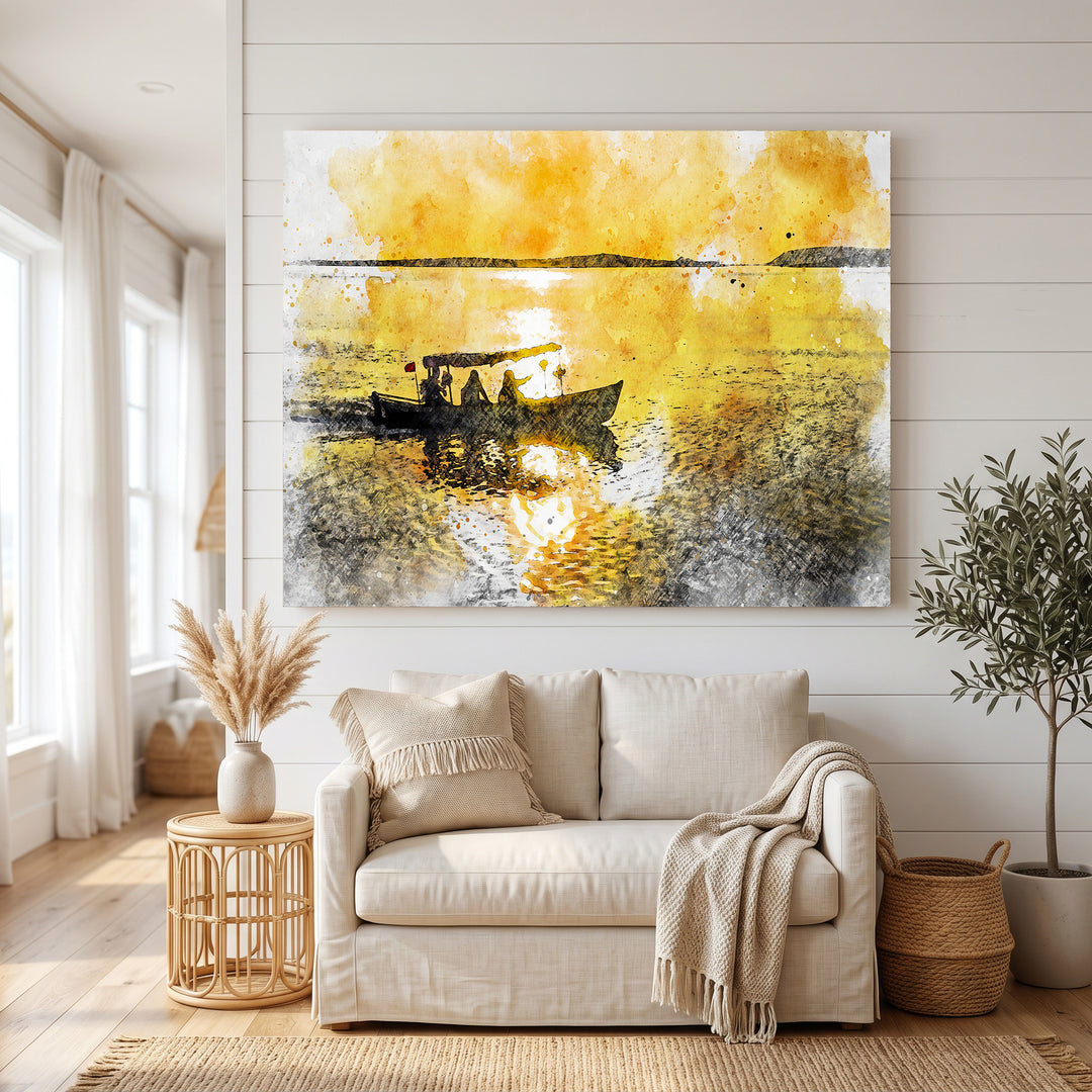 Wadi Home sunset boat ride watercolor wall art with vibrant yellow and orange hues, depicting a serene scene.