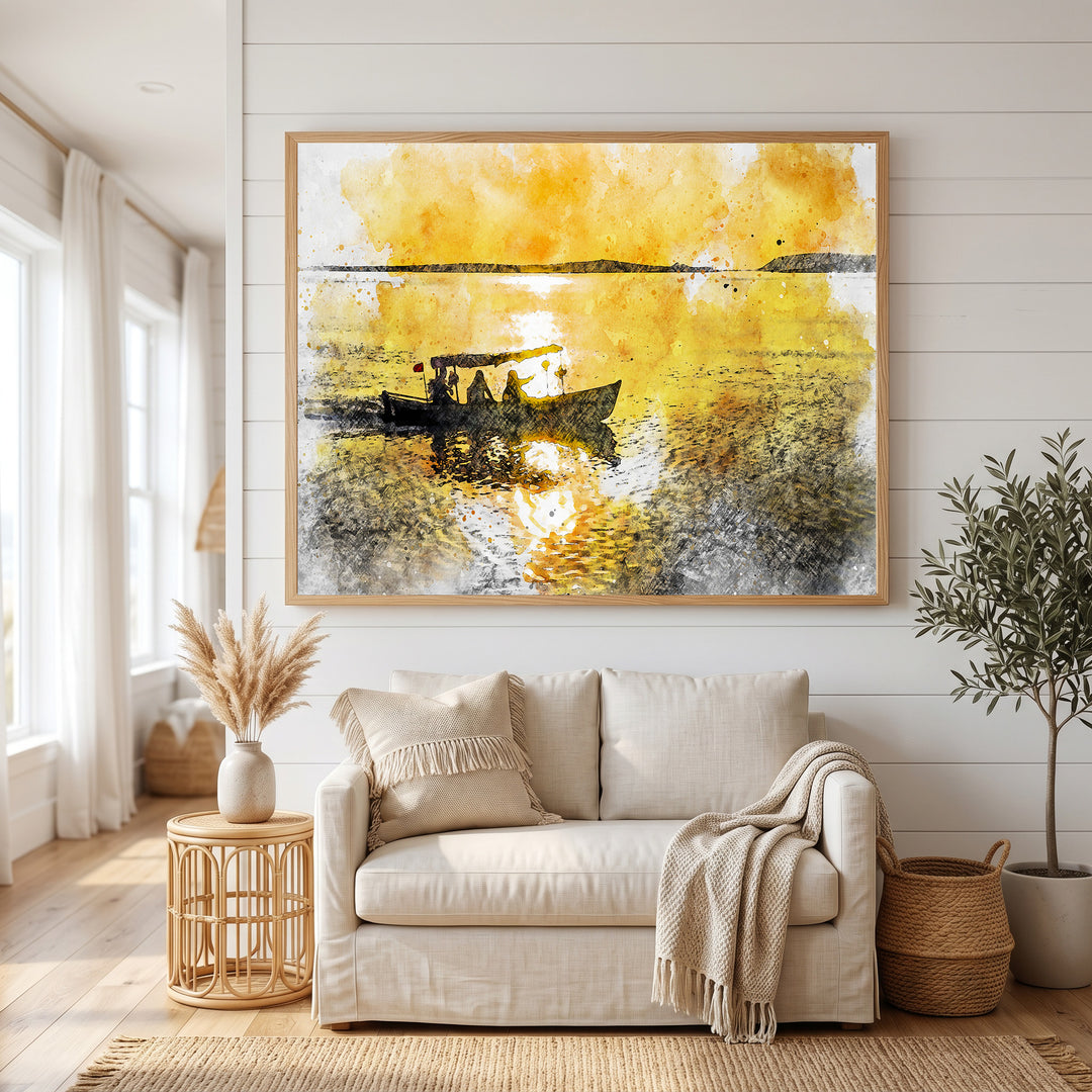 Wadi Home sunset boat ride watercolor wall art with yellow and orange hues, depicting a serene scene.