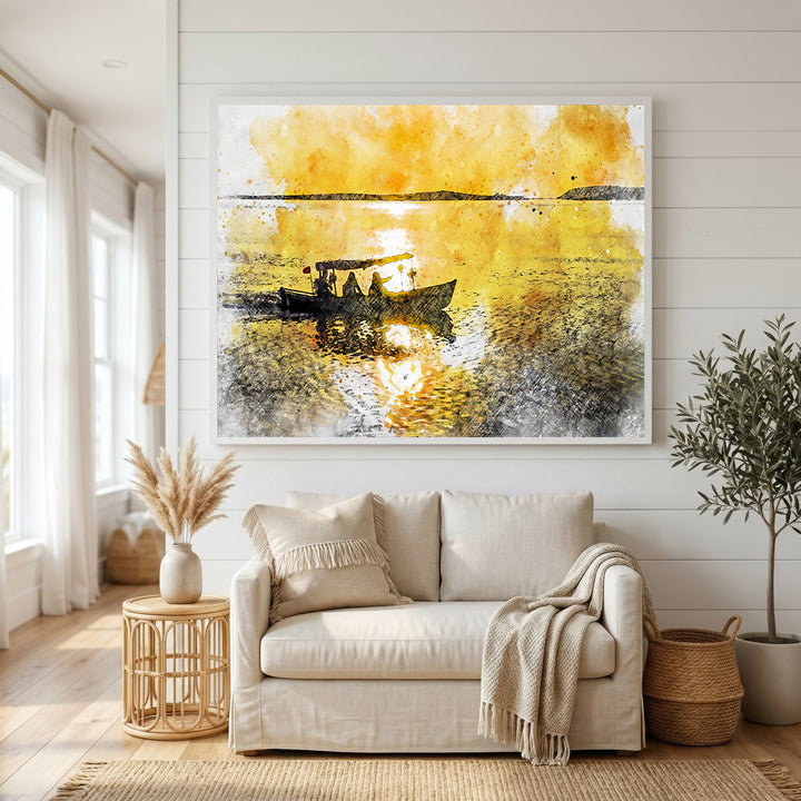 Wadi Home watercolor art of a boat on water at sunset with yellow and orange hues.