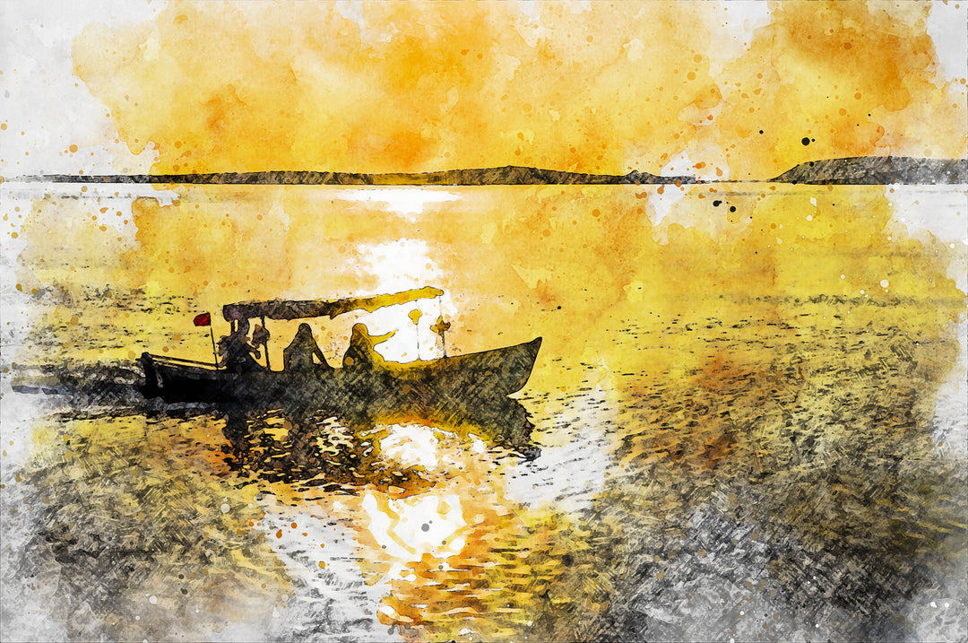 Wadi Home sunset boat ride watercolor wall art with vibrant yellow and orange hues, depicting a serene scene.