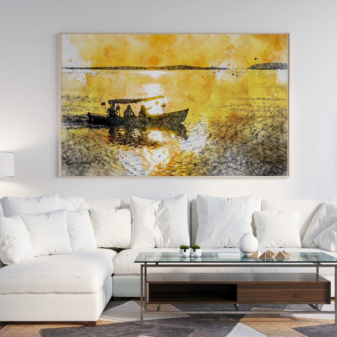 Watercolor style painting of a boat on water during golden sunset