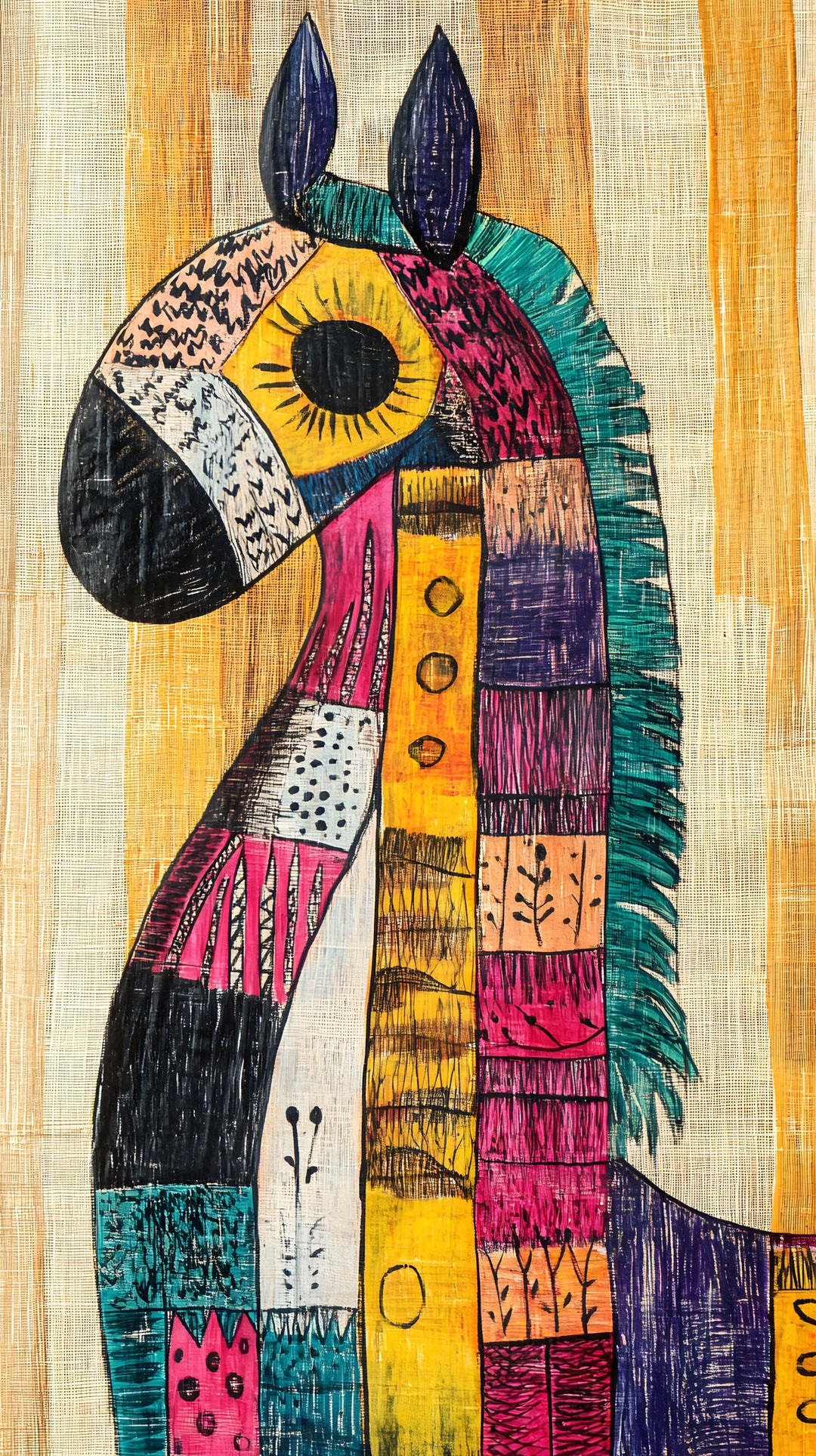 Wadi Home abstract horse wall art with colorful mosaic pattern on textured background.
