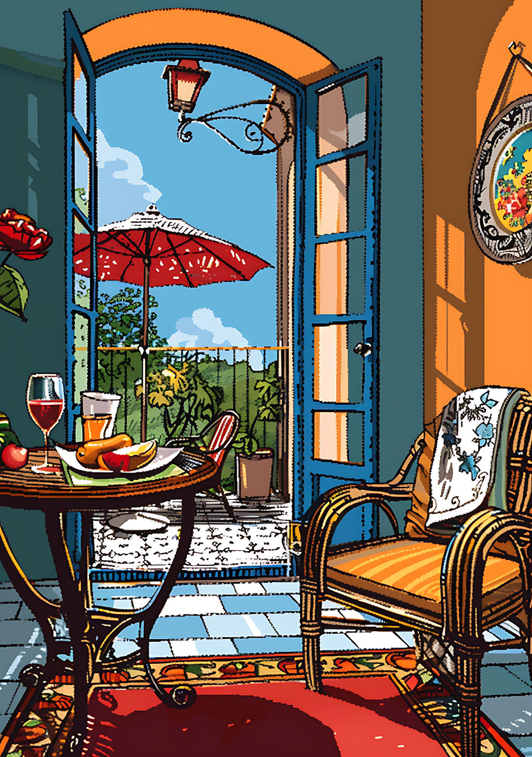 Wadi Home Mediterranean balcony scene wall art with open doorway, red umbrella, table with drinks and fruit, and rattan chair.