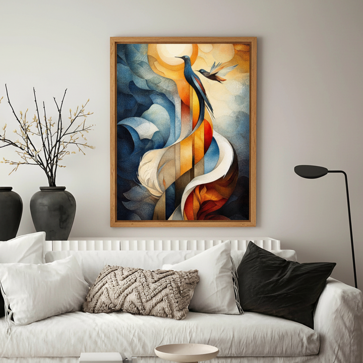 Abstract painting of birds with flowing shapes in blue, orange, and cream tones