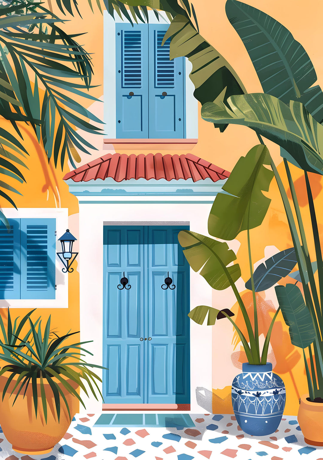 Wadi Home Mediterranean courtyard canvas art with blue door, plants, and terrazzo floor. Yellow and blue hues.