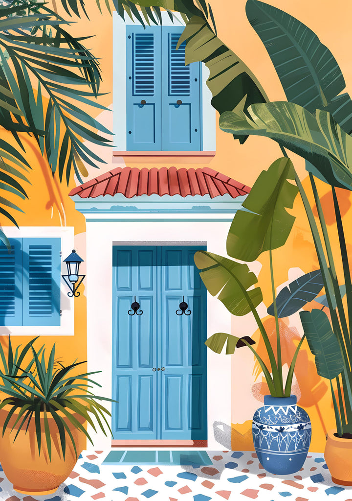 Wadi Home Mediterranean courtyard canvas art with blue door, plants, and terrazzo floor. Yellow and blue hues.
