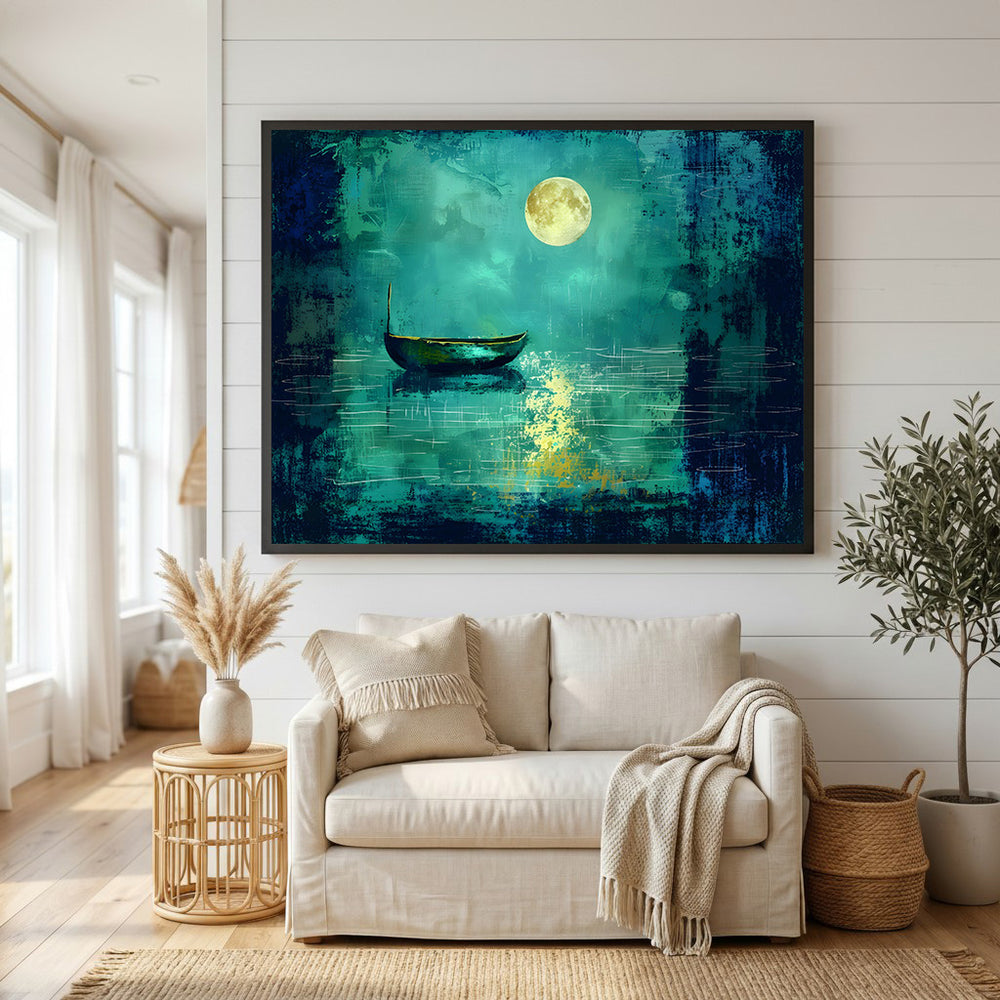 Wadi Home serene moonlit boat on water canvas print with full moon and reflections. Deep blues and greens.