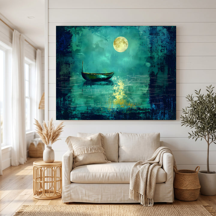 Wadi Home serene moonlit boat on water canvas print. Deep blues and greens with a full moon.