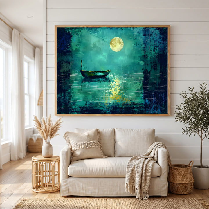 Wadi Home Serene moonlit boat on water canvas print. Deep blues and greens with a full moon.
