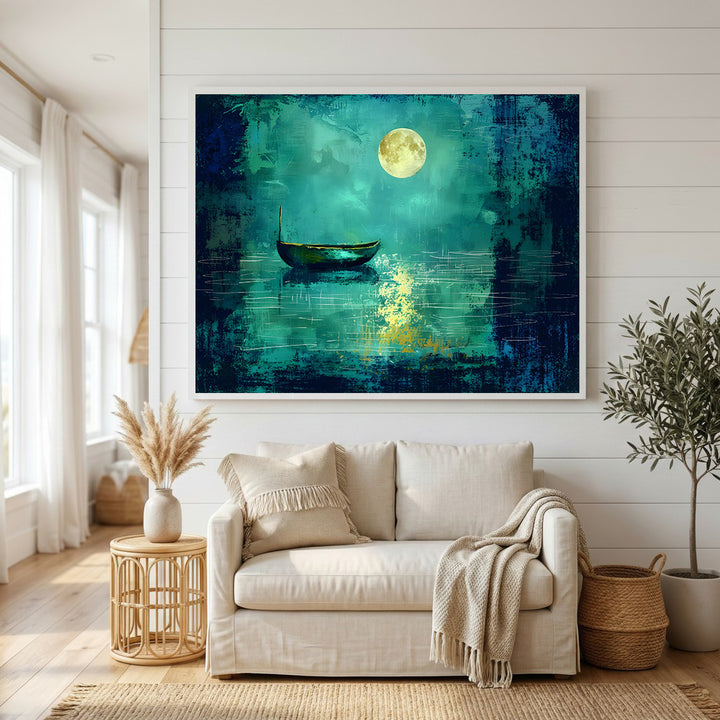 Wadi Home canvas print of a lone boat on water under a full moon, with deep blues and greens.
