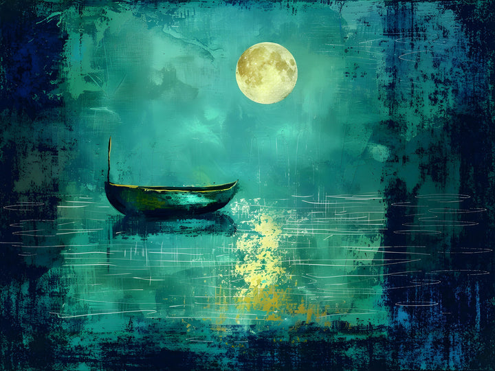 Wadi Home serene moonlit boat on water canvas print. Deep blues and greens with a full moon.