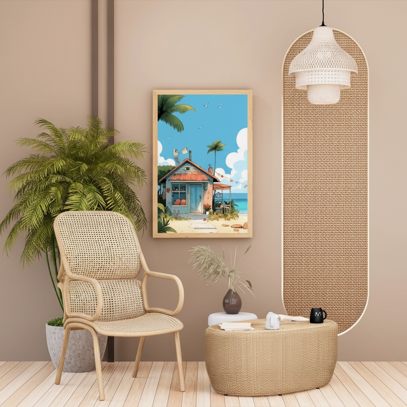 Colorful beach cottage with palm trees and ocean view under blue sky