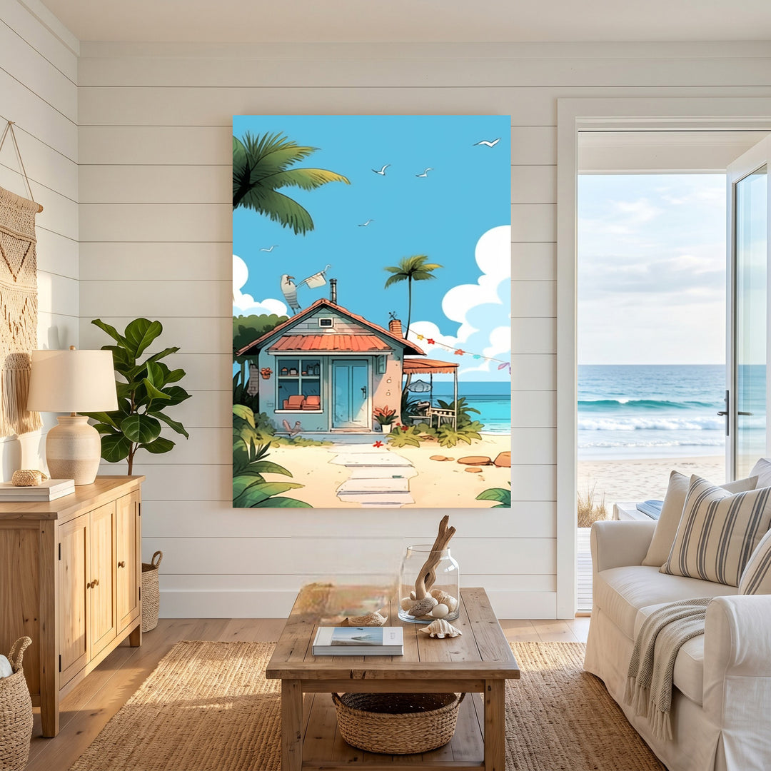 Wadi Home Tropical Beach House Canvas Wall Art featuring a quaint beach cottage, palm trees, blue sky, and ocean.