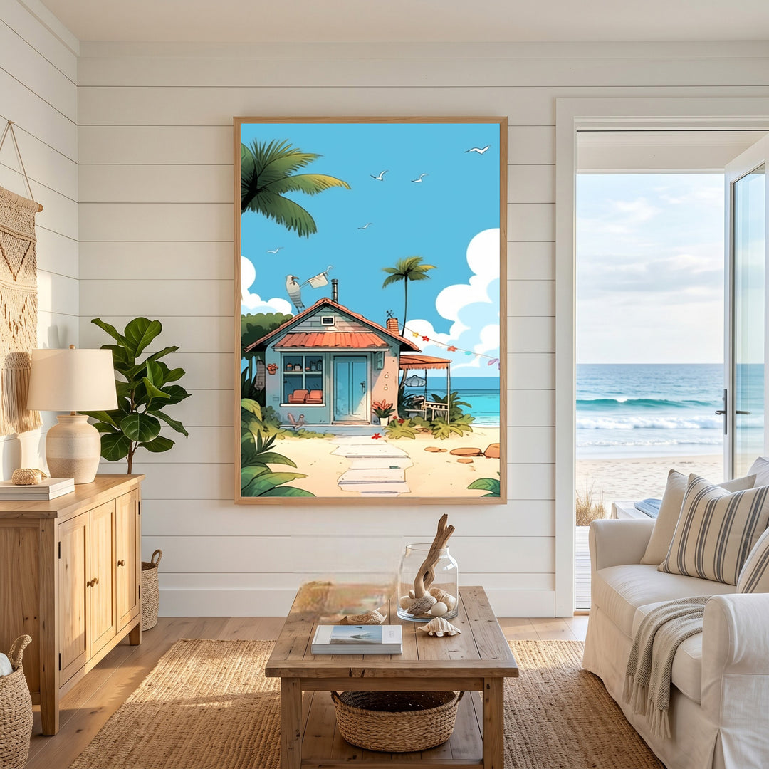 Wadi Home Tropical Beach House Canvas Wall Art featuring a blue beach house with red roof, palm trees, and ocean view.