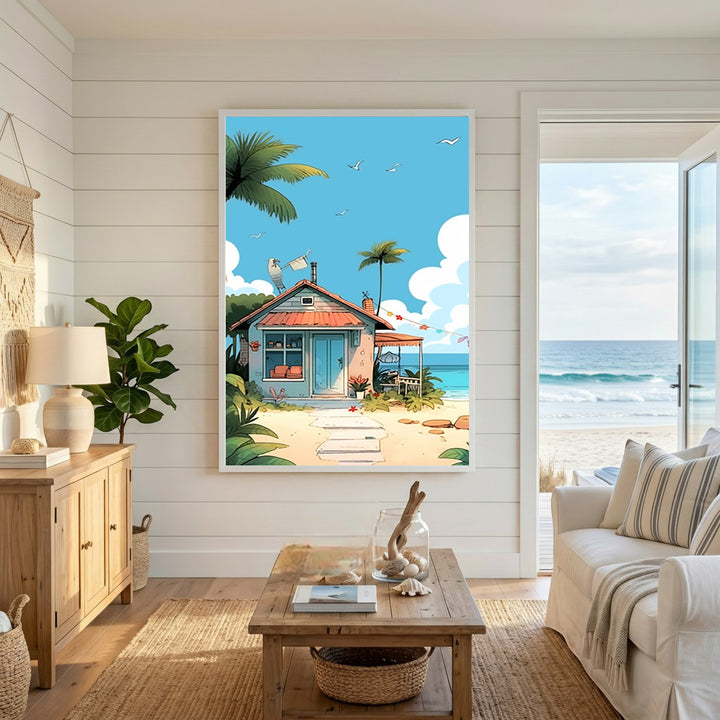 Wadi Home Tropical Beach House Canvas Wall Art featuring a blue beach house, palm trees, and ocean under a bright blue sky.