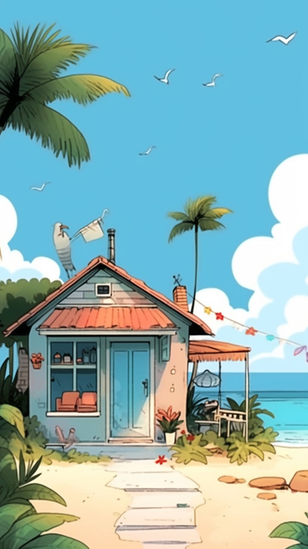 Wadi Home Tropical Beach House Canvas Wall Art featuring a quaint beach cottage, palm trees, blue sky, and ocean.