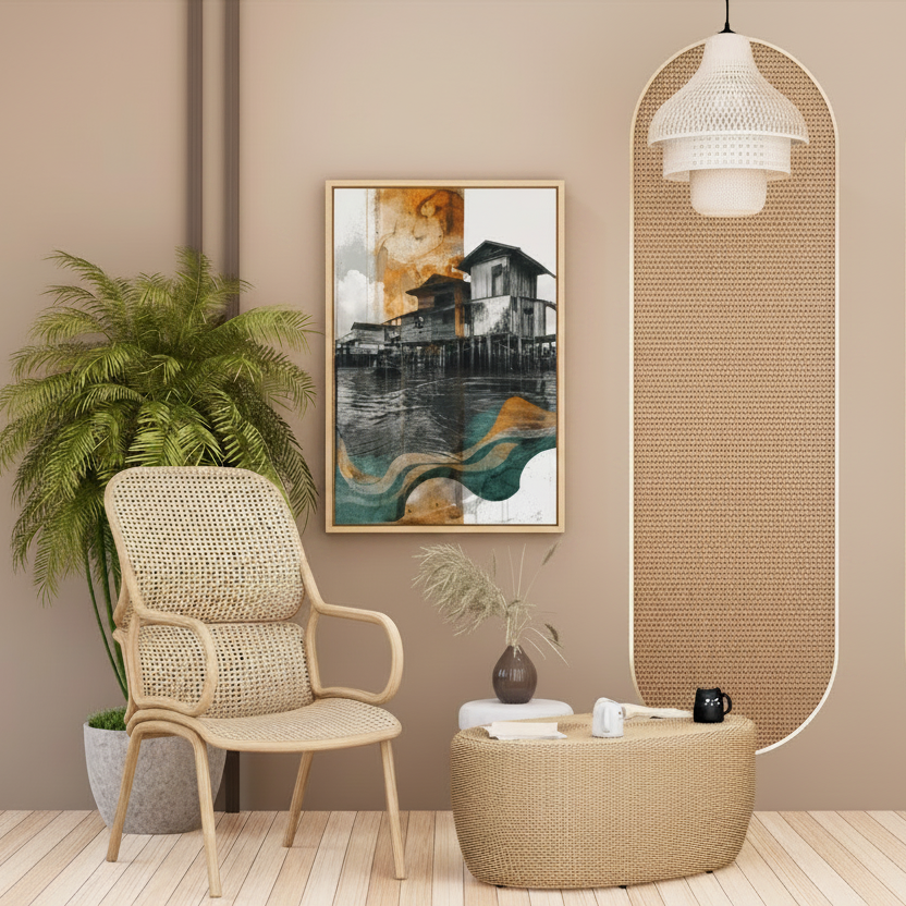 Abstract stilt house over water with vintage tones and flowing coastal textures
