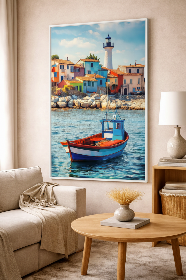Colorful Coastal Village & Boat Canvas