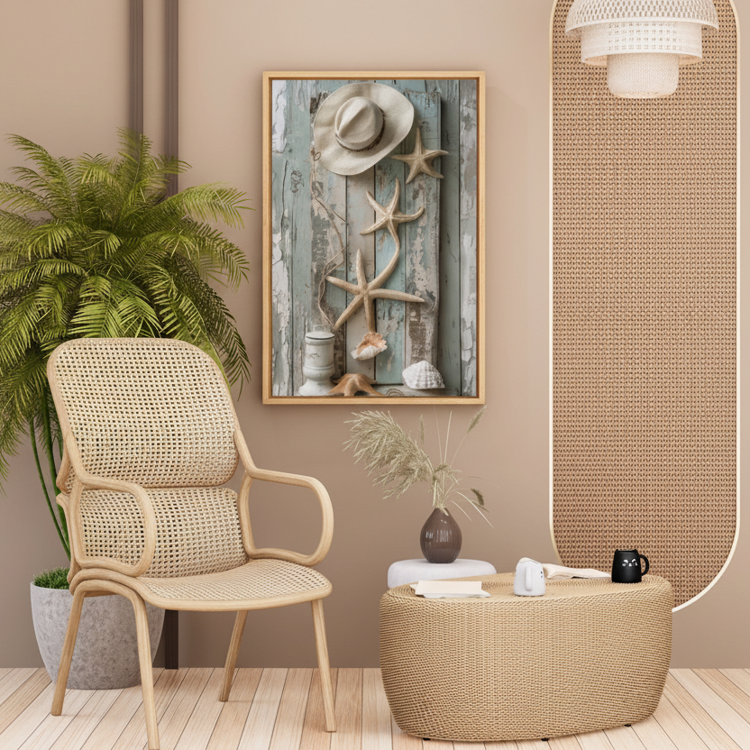 Coastal wall art with starfish, seashells, hat on rustic wooden background decor