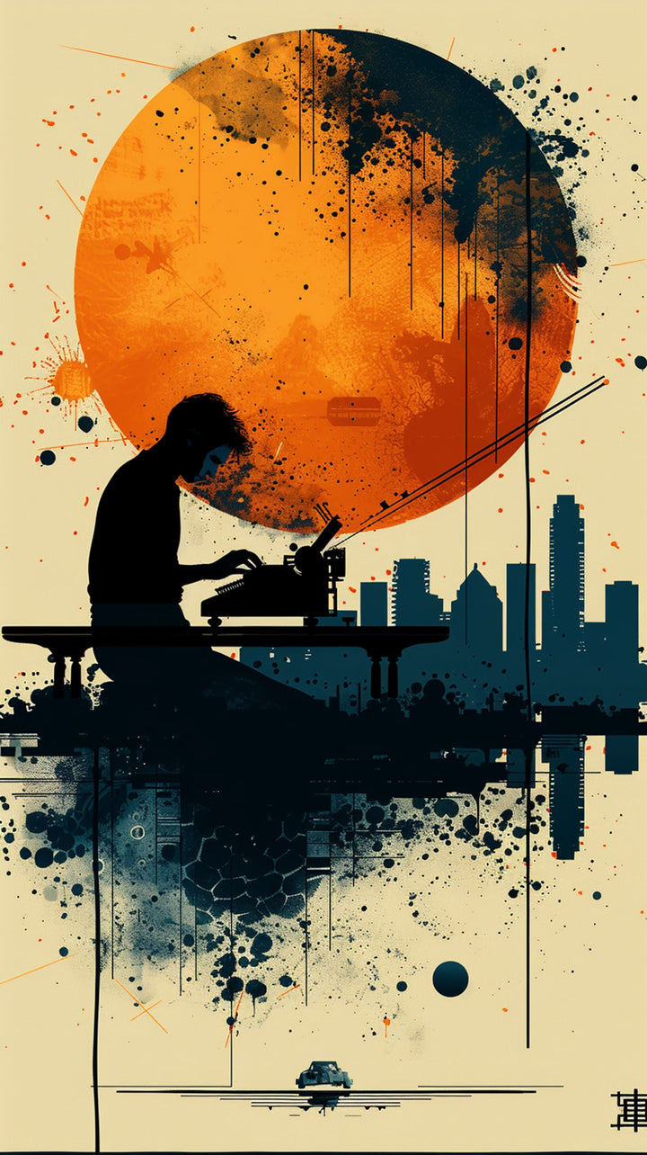 Wadi Home abstract cityscape artwork with a large orange sun, silhouetted figure at a typewriter, and city skyline.