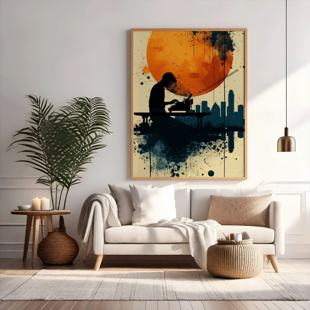 Silhouette of writer with typewriter against city skyline and large orange sun