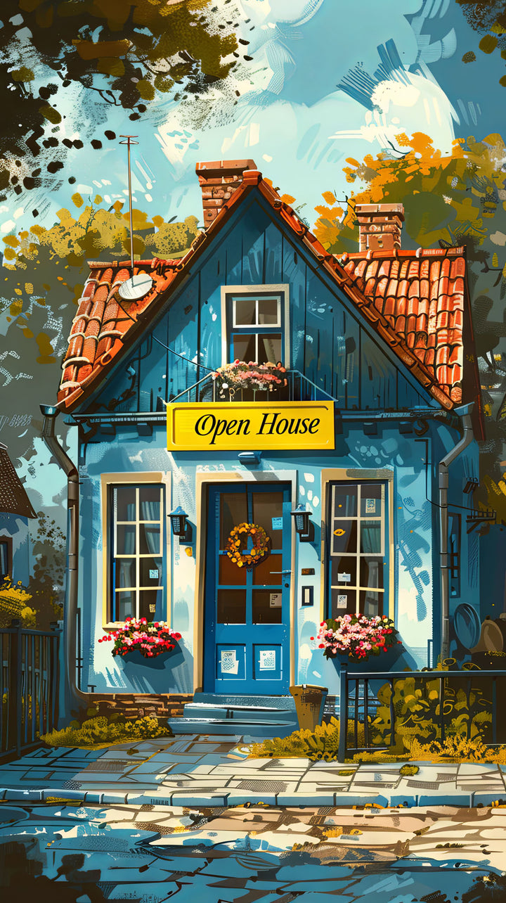 Wadi Home charming blue house art print with red roof and yellow "Open House" sign, set in a cozy living room.