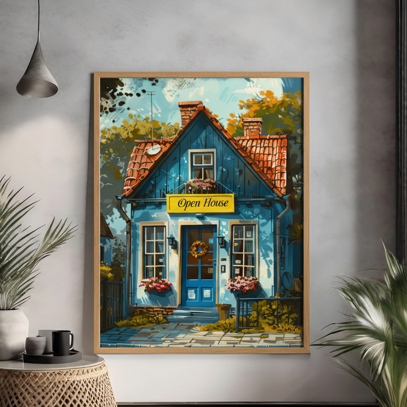 Blue cottage with open house sign, flowers, and warm cozy exterior illustration