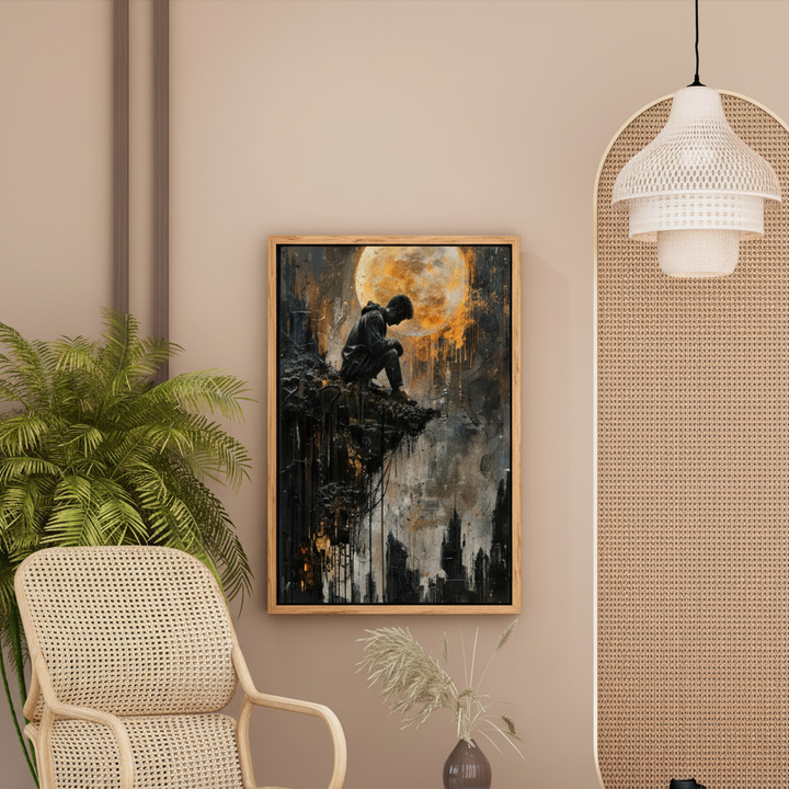 Silhouette of person sitting under large glowing moon with abstract dark textures