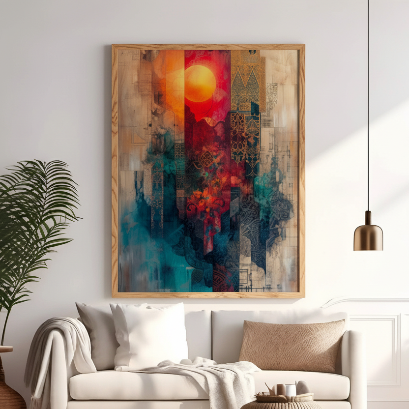 Abstract portrait with layered patterns in teal, orange, and gold tones