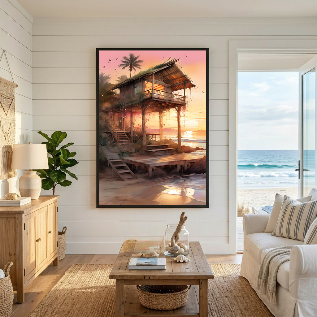 Wadi Home tropical beach house wall art at sunset, vibrant colors, coastal charm.
