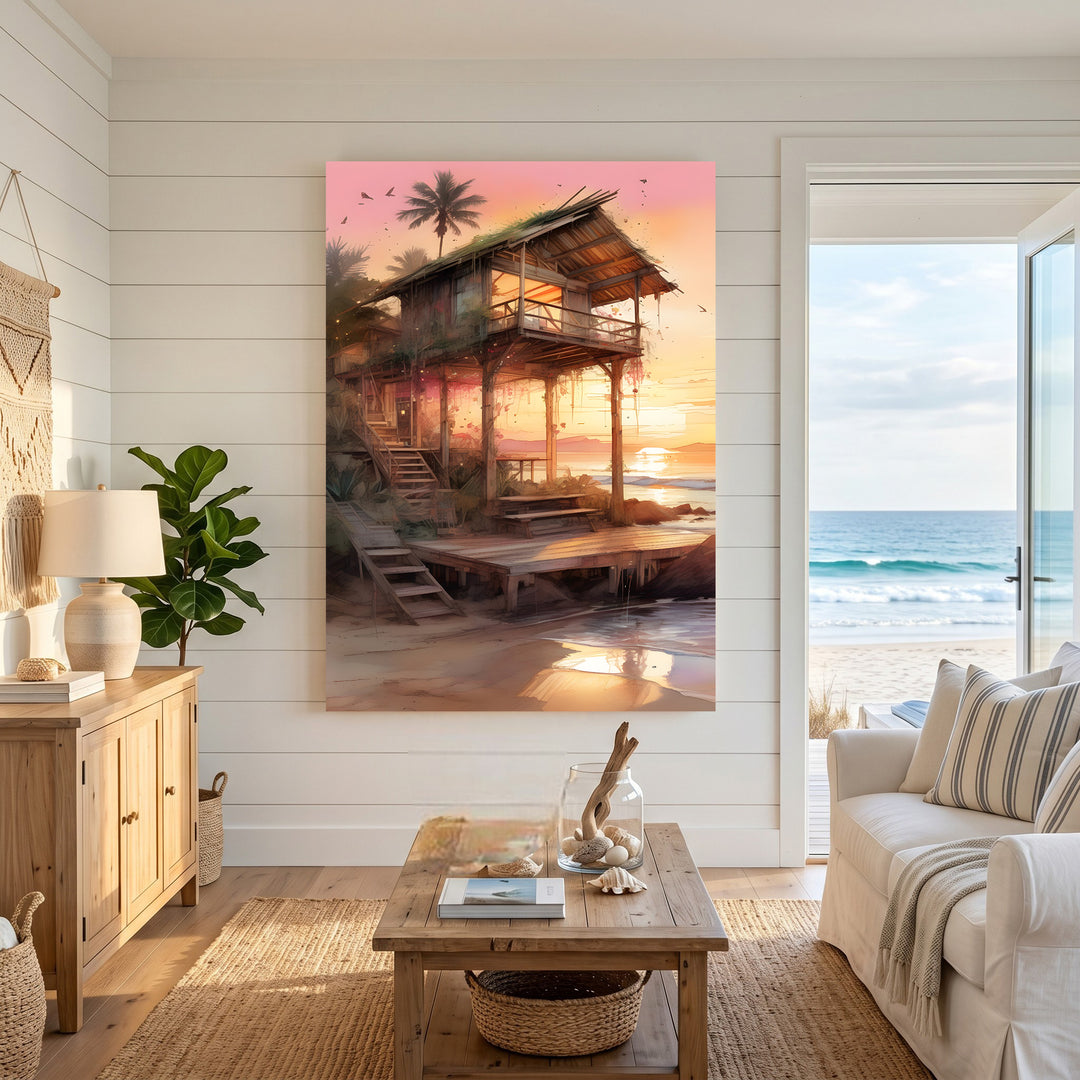 Wadi Home tropical beach house wall art at sunset, watercolor style, warm orange and pink sky.