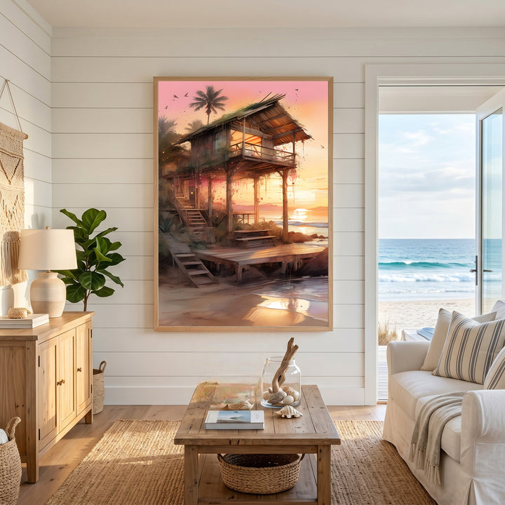 Wadi Home tropical beach house wall art at sunset, vibrant coastal scene with palm trees and ocean.