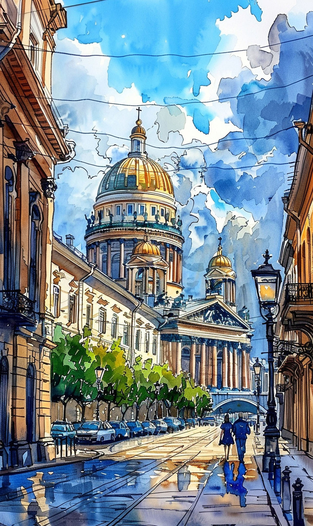 Wadi Home European cityscape watercolor art with golden domes and wet street after rain.