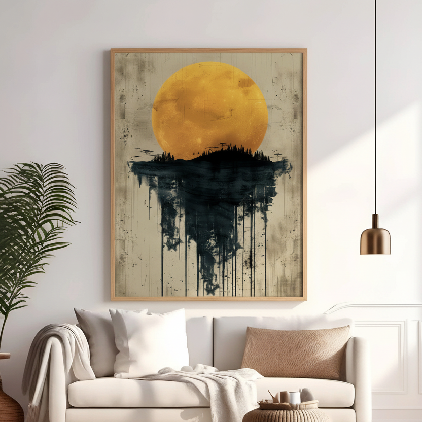 Golden sun over forest silhouette with abstract dripping reflection design