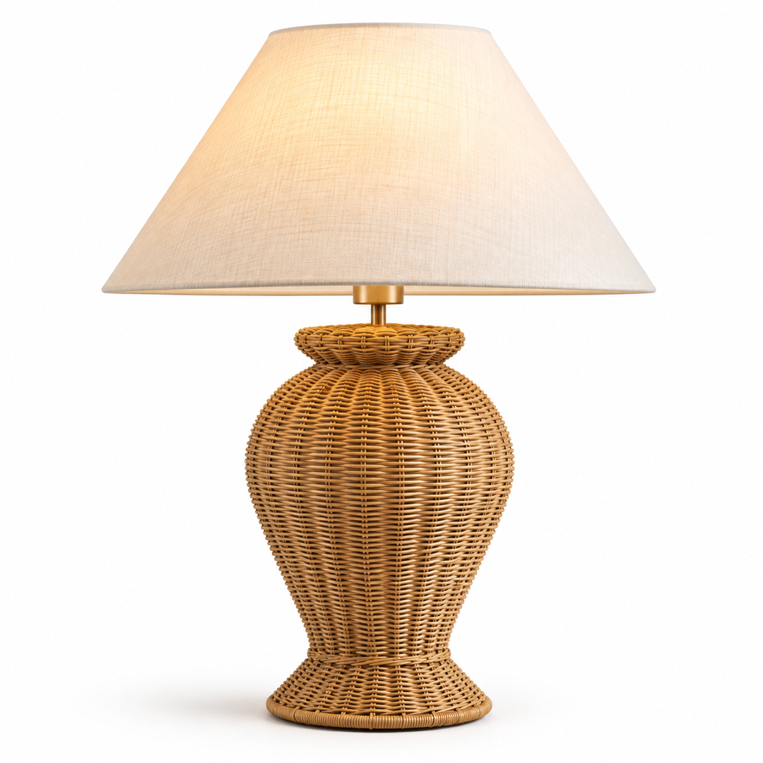 Woven Rattan Table Lamp with Linen Shade