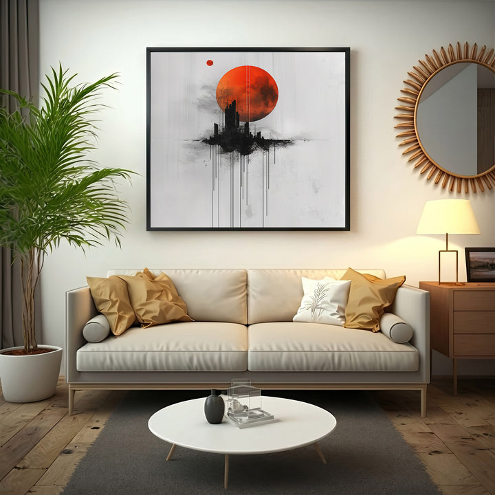 Wadi Home abstract cityscape wall art with a large red moon and silhouetted city.