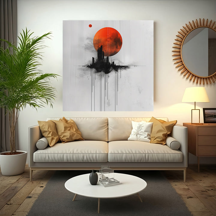 Wadi Home abstract cityscape wall art with a large red moon and black silhouetted buildings.