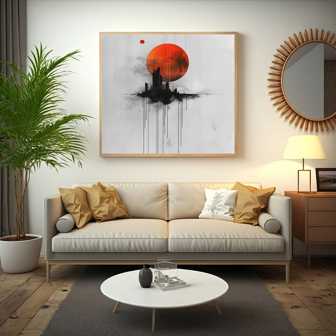 Wadi Home abstract cityscape wall art with a large red moon and black silhouetted buildings.