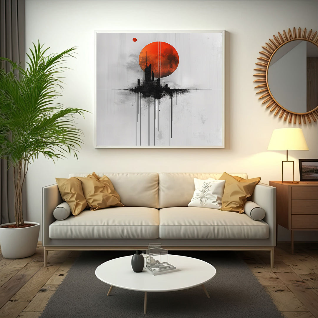Wadi Home abstract cityscape wall art with a large red moon over a black silhouetted city and dripping lines.