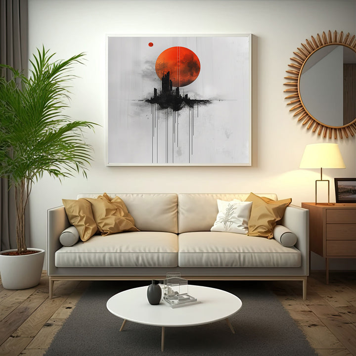 Wadi Home abstract cityscape wall art with a large red moon over a black silhouetted city and dripping lines.